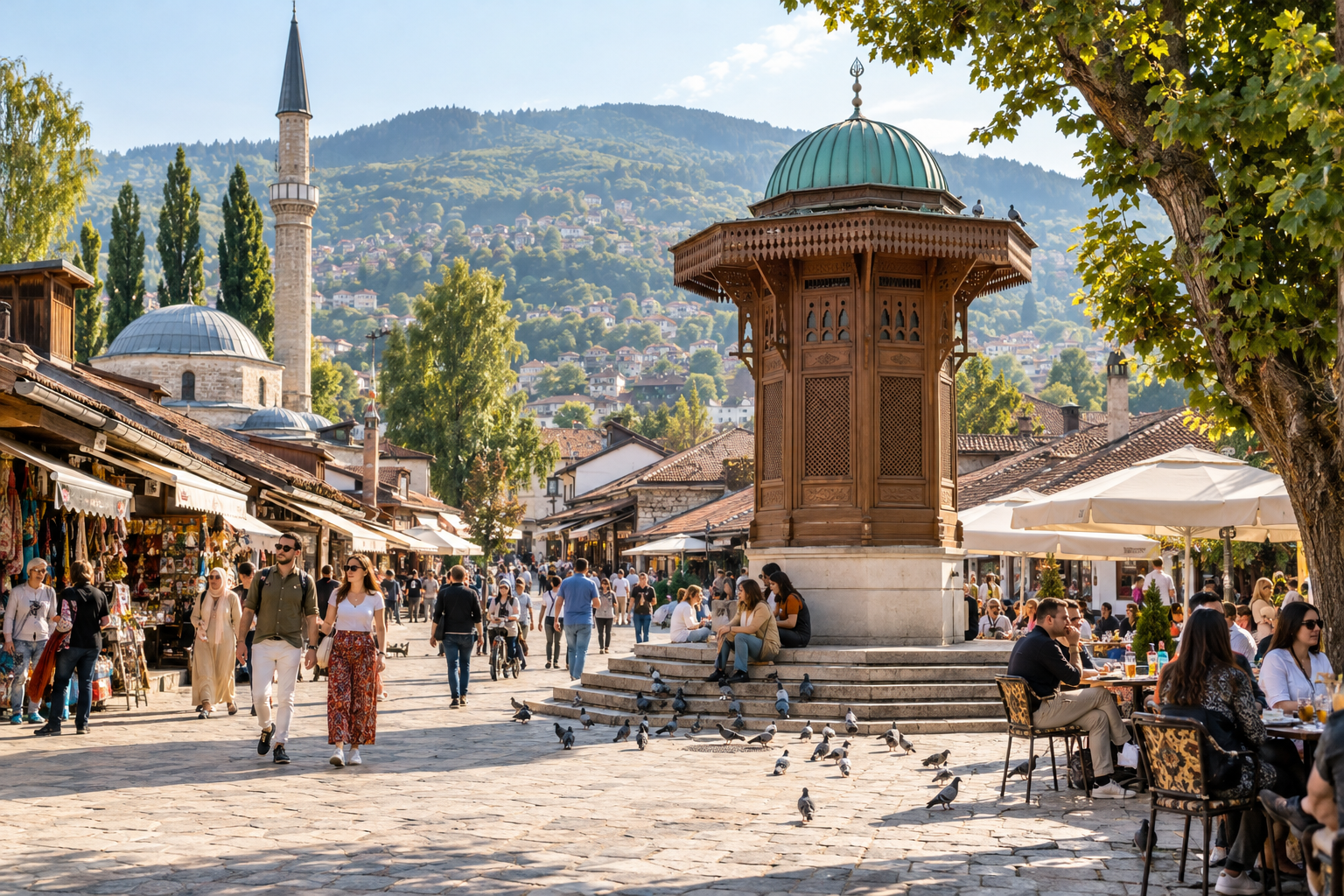 Sebilj i Baščaršija – en naturlig startpunkt bland Sarajevos kaféer och hantverksgator.
